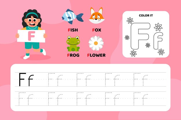 Hoja educativa letra f con ilustraciones