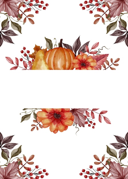 Hoja de otoño, calabaza, pera y manzana para el marco floral de fondo