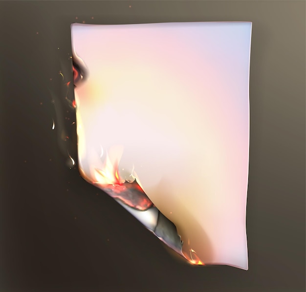 Hoja de papel quemada realista con fuego y ceniza negra.