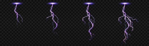 Vector gratuito hoja de sprite con relámpagos, golpes de rayo para animación fx. conjunto realista de impacto eléctrico púrpura en la noche, descarga de chispas de tormenta aislada sobre fondo transparente
