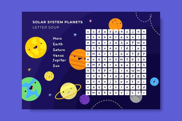 Vector gratuito hoja de trabajo creativa de la galaxia de la sopa de letras coloridas