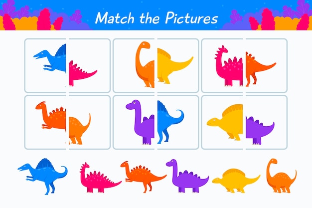 Vector gratuito hoja de trabajo creativa del juego de combinación con dinosaurios