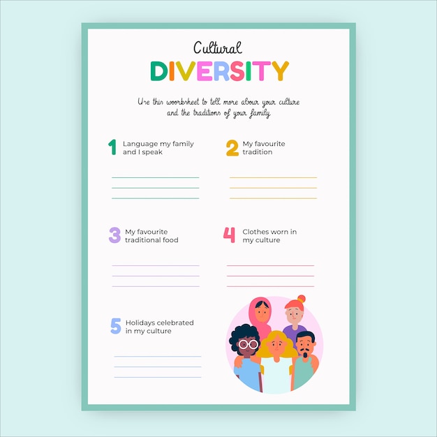 Vector gratuito hoja de trabajo de diversidad cultural infantil