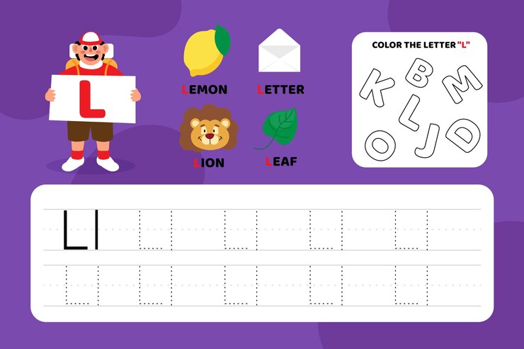 Vector gratuito hoja de trabajo educativa letra l con ilustraciones