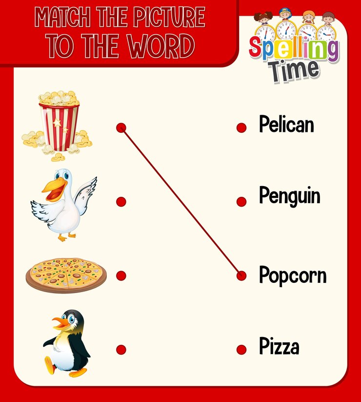Vector gratuito hoja de trabajo de emparejamiento de palabra a imagen para niños