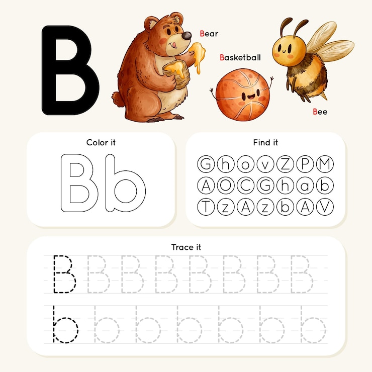 Vector gratuito hoja de trabajo de la letra b con oso, abeja y baloncesto
