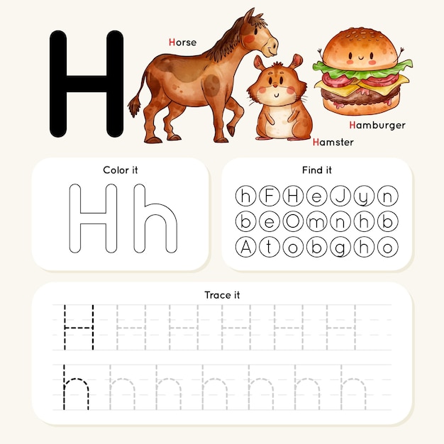 Vector gratuito hoja de trabajo de la letra h con caballo, hamburguesa, hámster