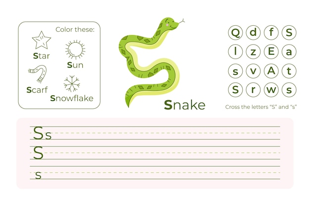 Vector gratuito hoja de trabajo de la letra s con serpiente