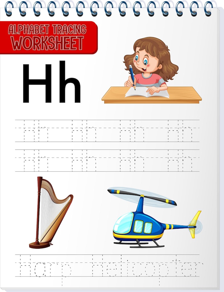 Vector gratuito hoja de trabajo de rastreo alfabético con letras y vocabulario