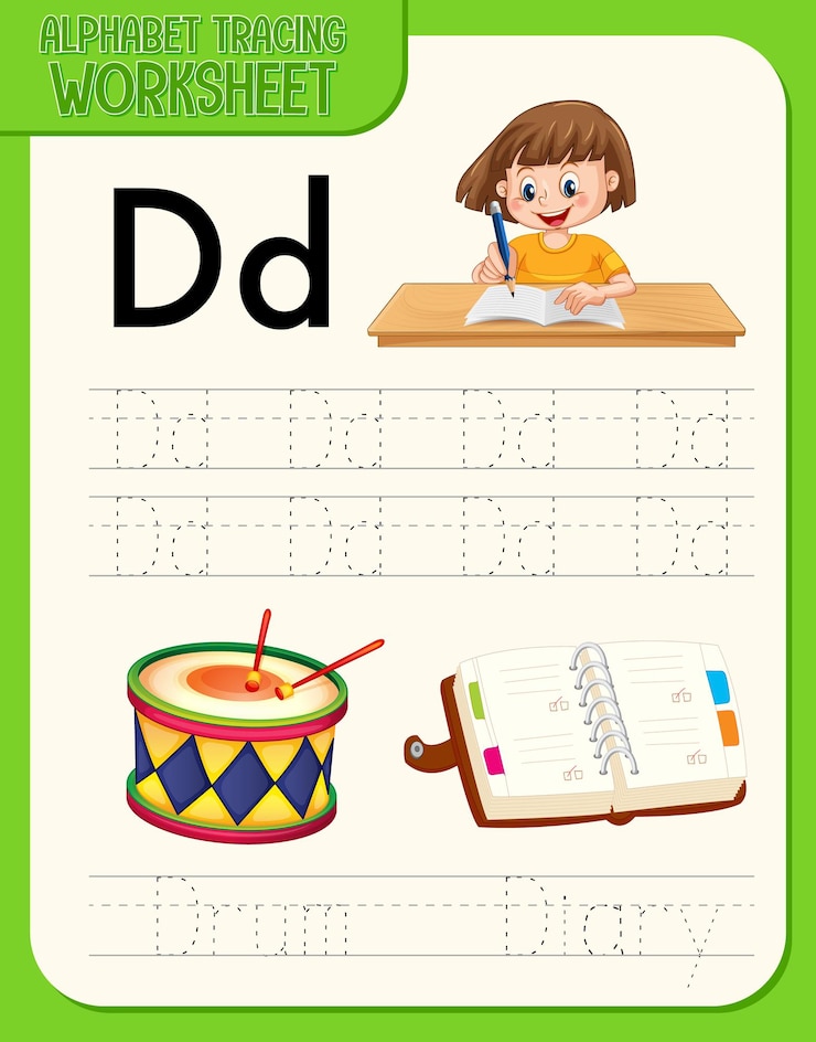 Vector gratuito hoja de trabajo de rastreo alfabético con letras y vocabulario