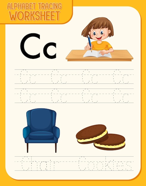 Vector gratuito hoja de trabajo de rastreo del alfabeto con letras y vocabulario.