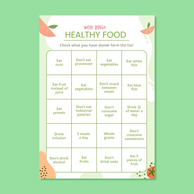 Hoja de trabajo de tarjeta de bingo de comida de la semana