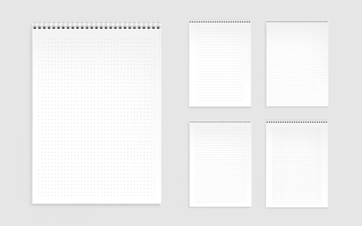 Vector gratuito hojas de cuaderno, páginas en blanco con líneas, puntos y cheques