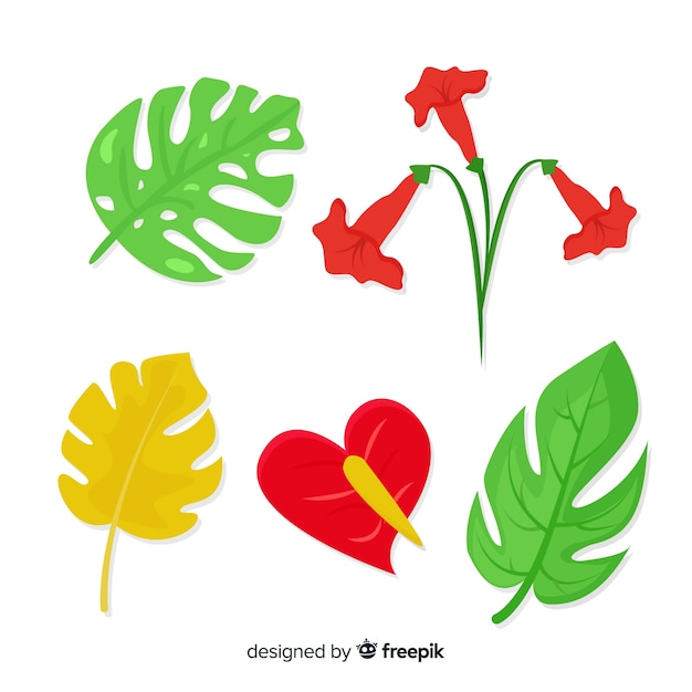 Vector gratuito hojas y flores tropicales en diseño plano