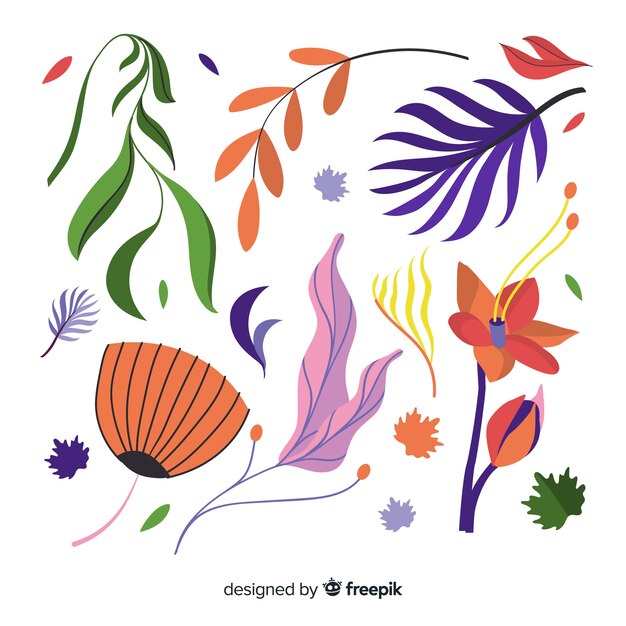 Hojas y flores tropicales en diseño plano