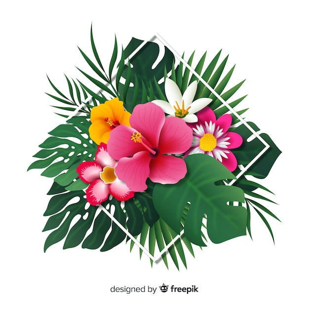 Vector gratuito hojas y flores tropicales realistas