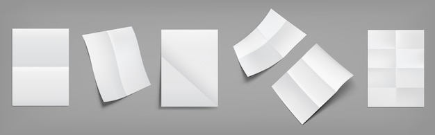 Vector gratuito hojas de papel blanco dobladas en blanco con pliegues cruzados superior y vista en perspectiva. vector realista de folleto arrugado vacío, volante, páginas de documentos con pliegues aislados