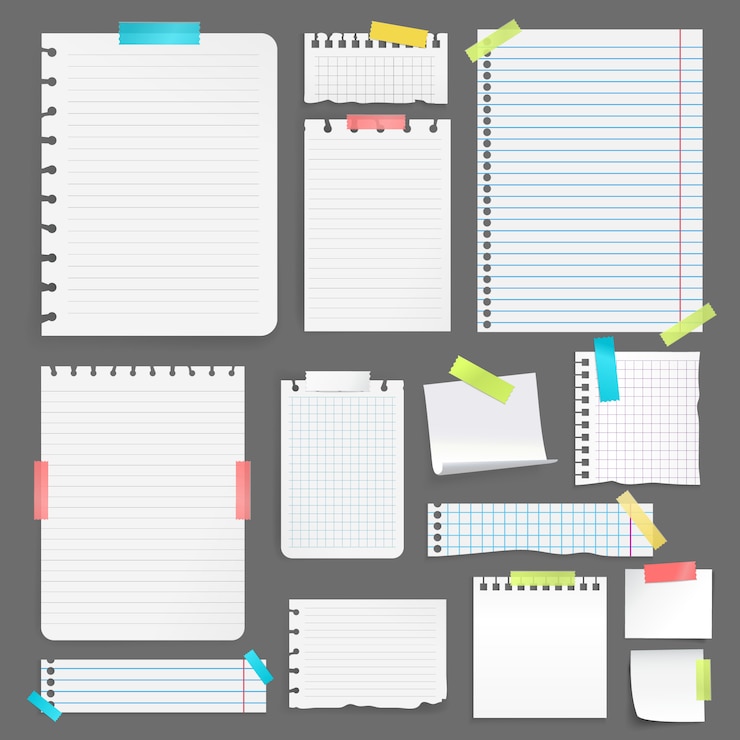 Vector gratuito hojas de papel en blanco realistas de diferentes tamaños y formas pegadas con cinta de colores sobre fondo gris ilustración vectorial aislada