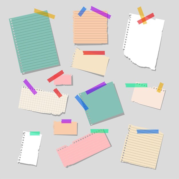 Hojas de papel en blanco realistas de diferentes tamaños y formas pegadas con cinta de colores sobre fondo gris ilustración vectorial aislada