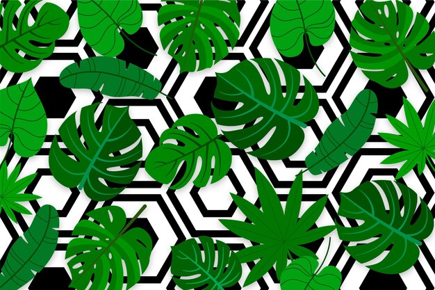 Hojas tropicales con fondo geométrico