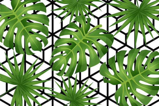 Vector gratuito hojas tropicales con fondo geométrico