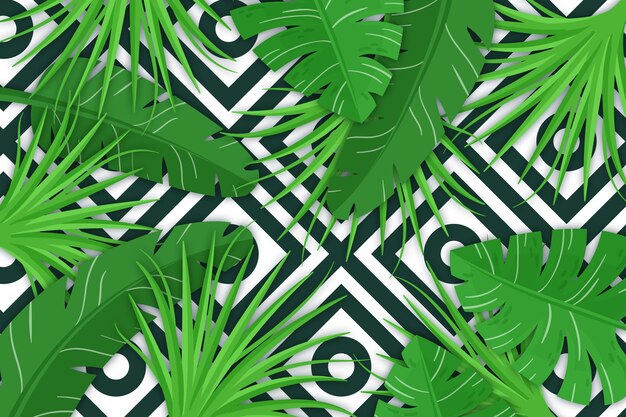 Hojas tropicales con fondo geométrico