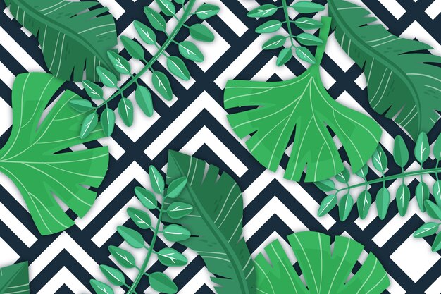 Hojas tropicales con fondo geométrico