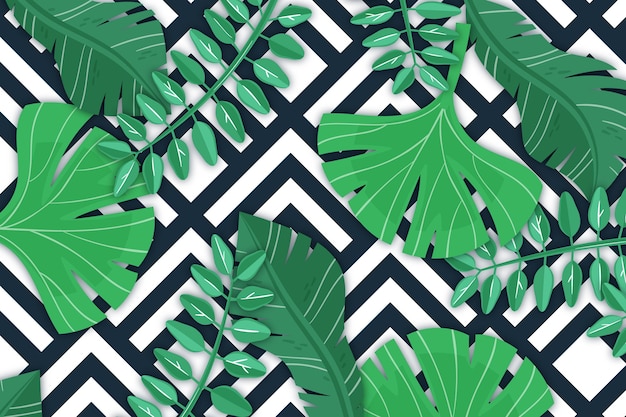 Hojas tropicales con fondo geométrico.