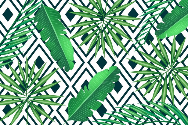 Hojas tropicales con fondo geométrico
