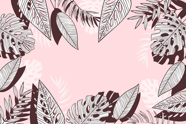 Hojas tropicales lineales con fondo de color pastel