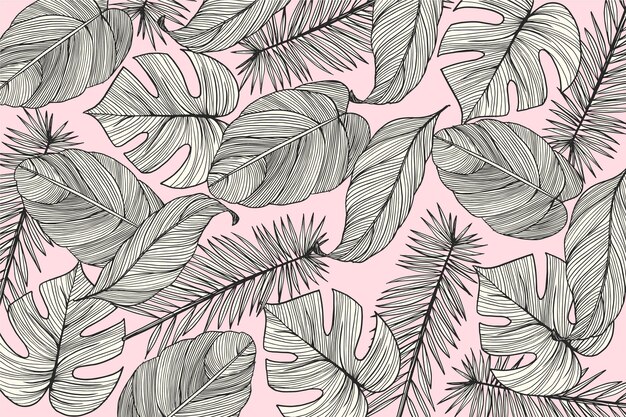 Hojas tropicales lineales con fondo de color pastel
