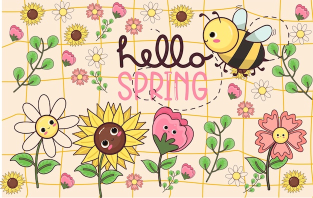 Hola abeja de primavera lindas kawaii animales abeja primavera verano flores jardín banner