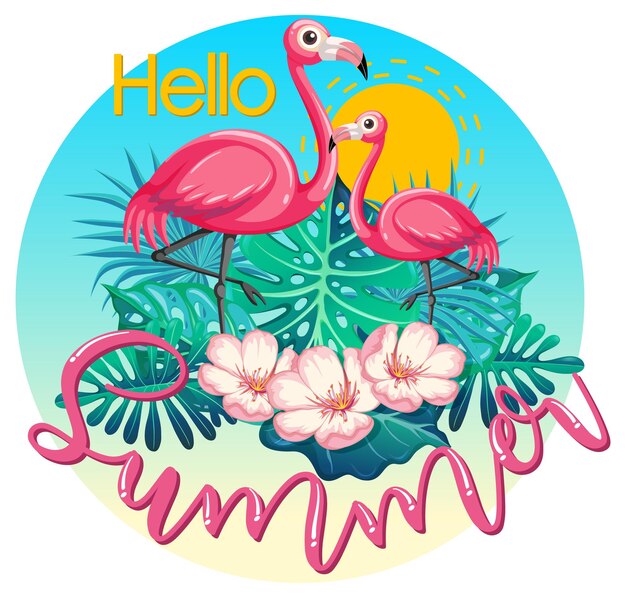 Hola banner de logo de verano con flamencos y hojas tropicales aisladas