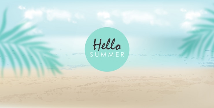 Vector gratuito hola banner de verano con hojas de playa, mar y palmeras. día nublado con brisa
