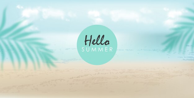 Hola banner de verano con hojas de playa, mar y palmeras. Día nublado con brisa