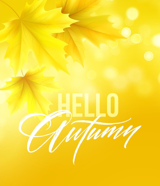 Hola cartel de otoño con letras y hojas de arce otoñales amarillas