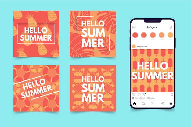 Vector gratuito hola colección de publicaciones de instagram de verano