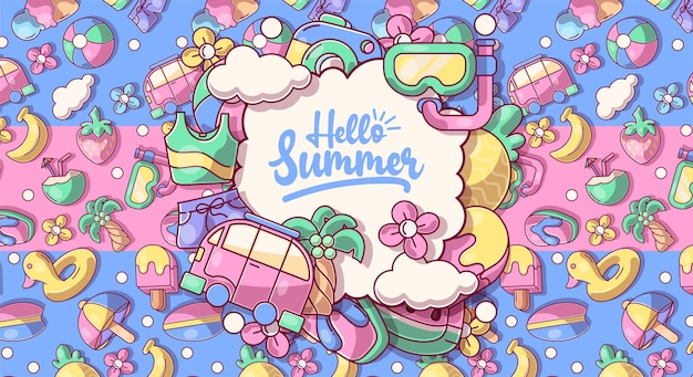 Hola colección de verano Ilustración vectorial de coloridos y divertidos símbolos de verano de garabatos como flamencos, helados, palmeras, gafas de sol, cactus, tablas de surf, piña y sandía.