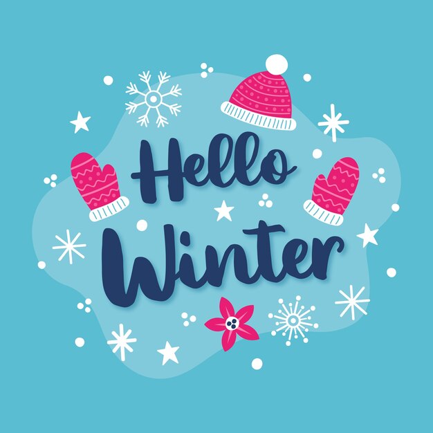 Hola concepto de invierno con letras