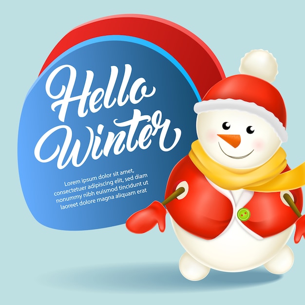 Hola diseño de tarjeta de felicitación de invierno. Monigote de nieve