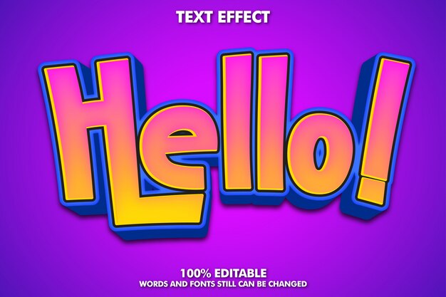 Hola etiqueta autoadhesiva, efecto de texto de dibujos animados editable