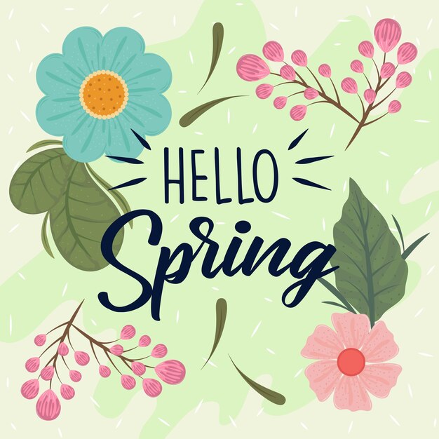 hola flores de primavera y pancarta de hojas