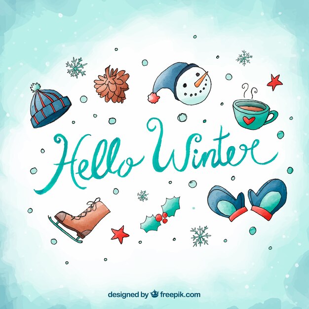 Hola invierno fondo de acuarela con atributos invernales