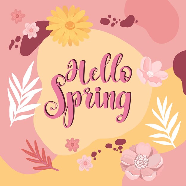 Hola letras florales de primavera con decoración
