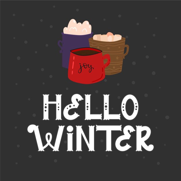 Hola letras de invierno con chocolate caliente