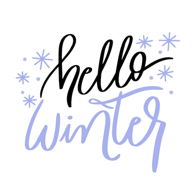 Hola letras de invierno con lindos copos de nieve pequeños