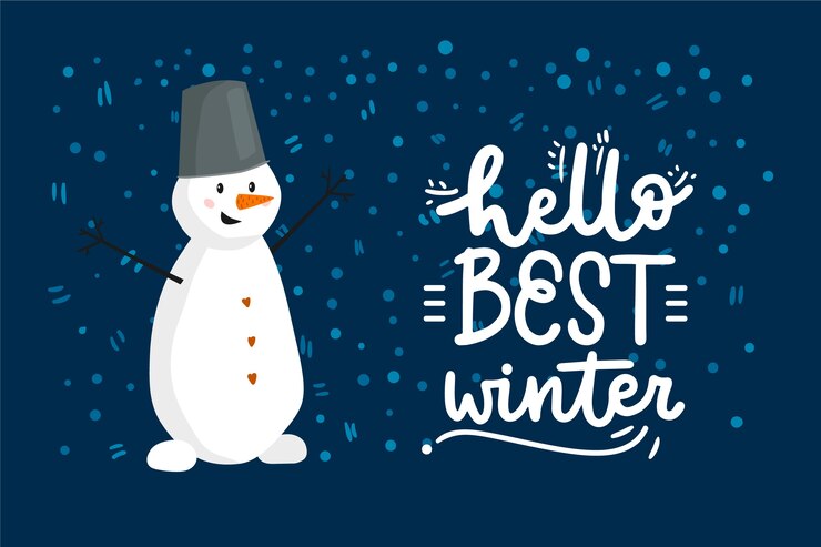 Vector gratuito hola letras de invierno con muñeco de nieve