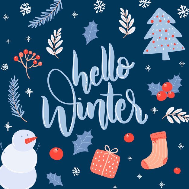 Hola letras de invierno sobre fondo azul oscuro