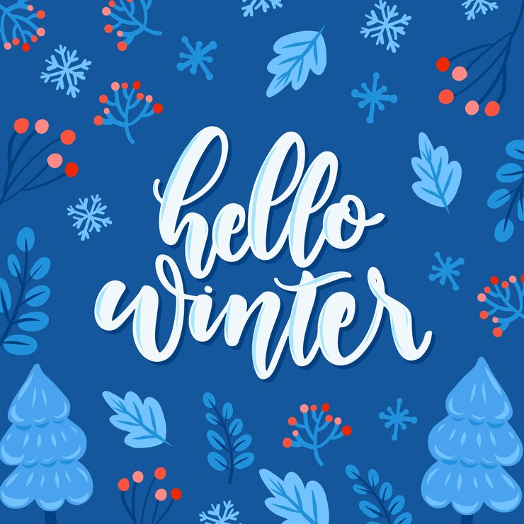 Vector gratuito hola letras de invierno sobre fondo azul