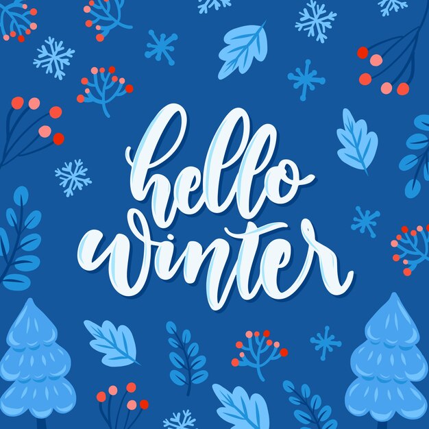 Hola letras de invierno sobre fondo azul